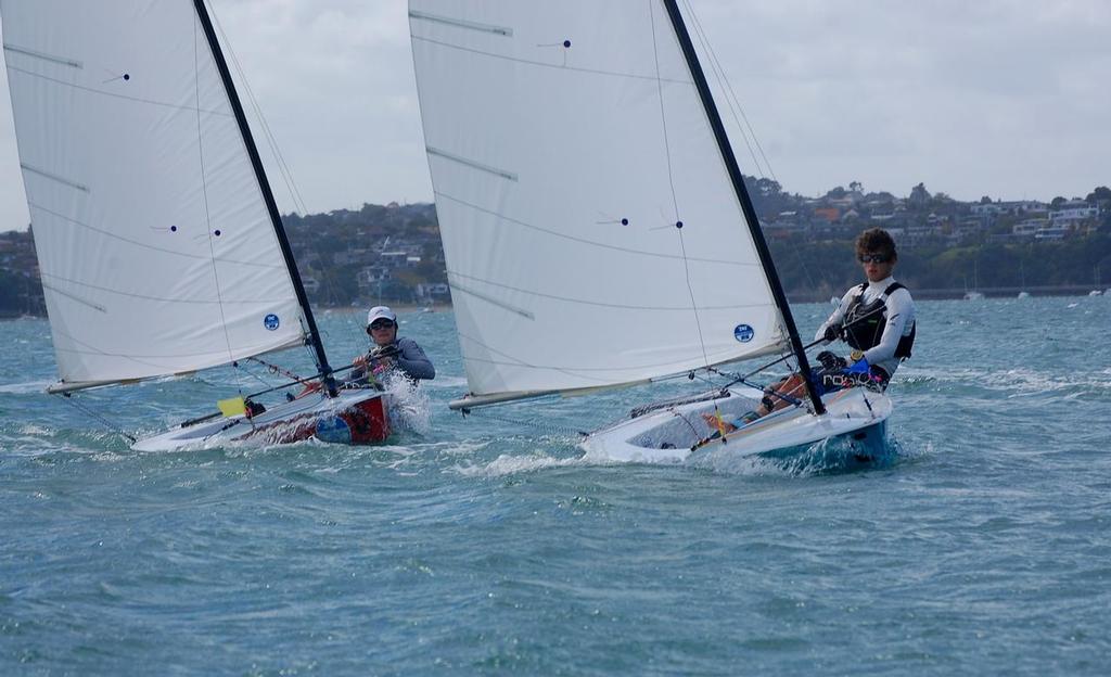 Mike Stern (North Harbour) leading Dylan McKinlay (Bay of Plenty) in the semi finals - 2014 Starling Match Racing © Brian Peet